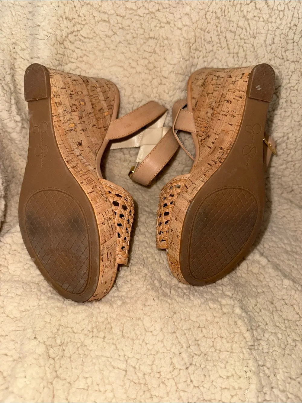 Jessica Simpson Women's Woven Ankle-Strap Cork Wedge Sandals - Tan